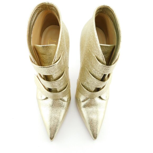 CHRISTIAN LOUBOUTIN Platinum Shimmer Foil Leather Strap Ankle Boots Heels 37 - Picture 3 of 10